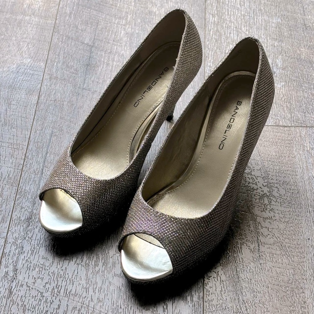 Bandolino Gold/Silver Glitter Sparkly Peep‎ Toe Pumps Women's 5.5 M Heeled Shoes